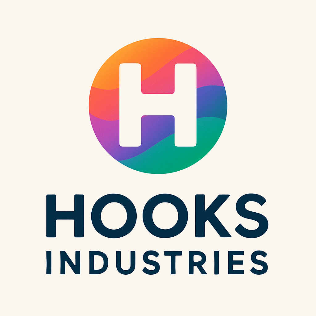 Colorful circle logo with a large white letter H in the center, above the text 'HOOKS INDUSTRIES' in dark blue.