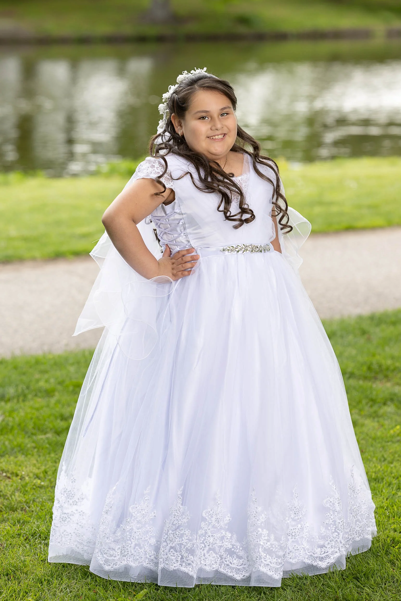 young girl white dress posing 
