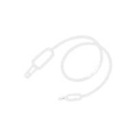 Une ligne épaisse blanche en forme de boucle avec une extrémité flottante sur un fond noir.