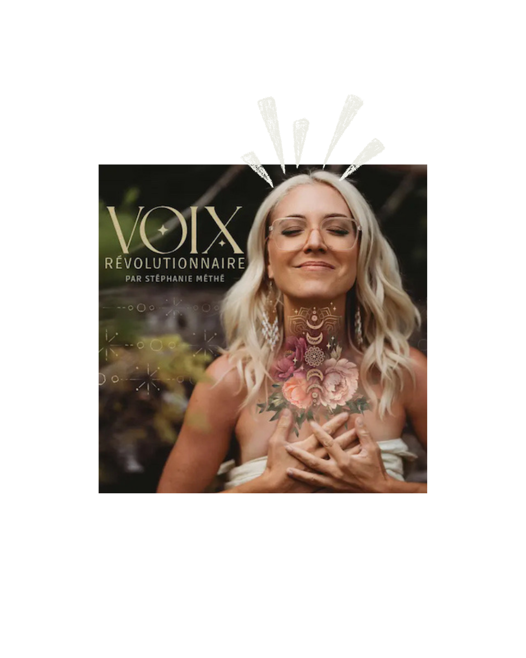 Une femme avec une guitare assise devant un van coloré, avec une bannière du podcast de Stéphanie Méthé visible en haut.