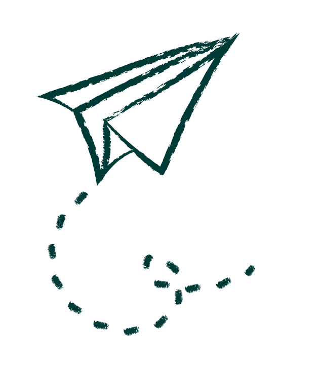 Un dessin stylisé d'un avion en papier avec une ligne pointillée derrière, symbolisant le vol ou le déplacement.