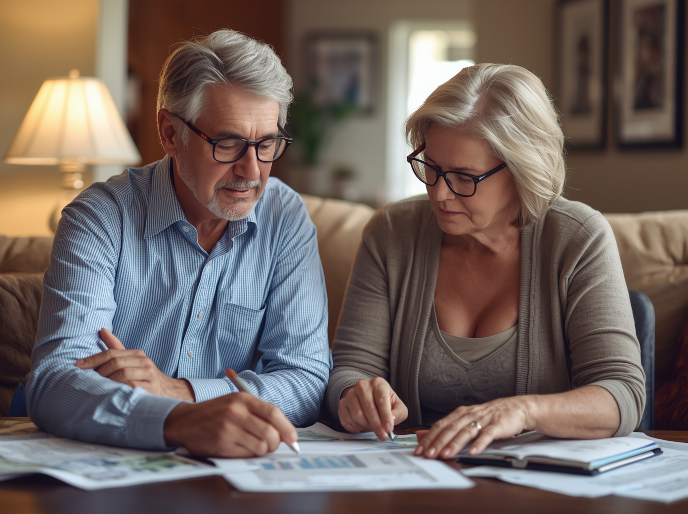 Senior couple carefully reviewing real estate options and retirement housing decisions in Northern Nevada with their realtor