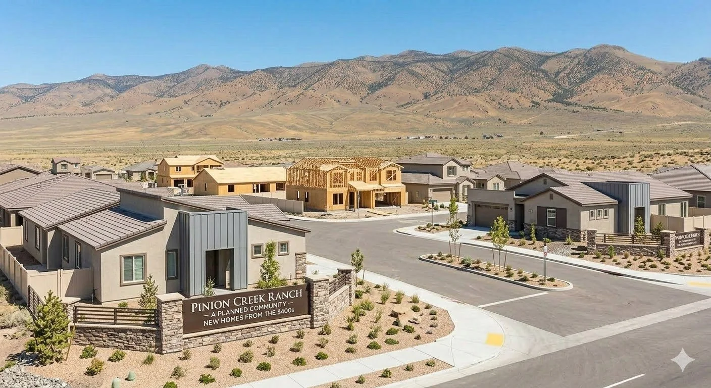 A cheerful daytime photo showing new construction single-family homes in Dayton, Nevada, with desert-appropriate architecture and a sign for 'Pinion Creek Ranch - New Homes From the $400s.