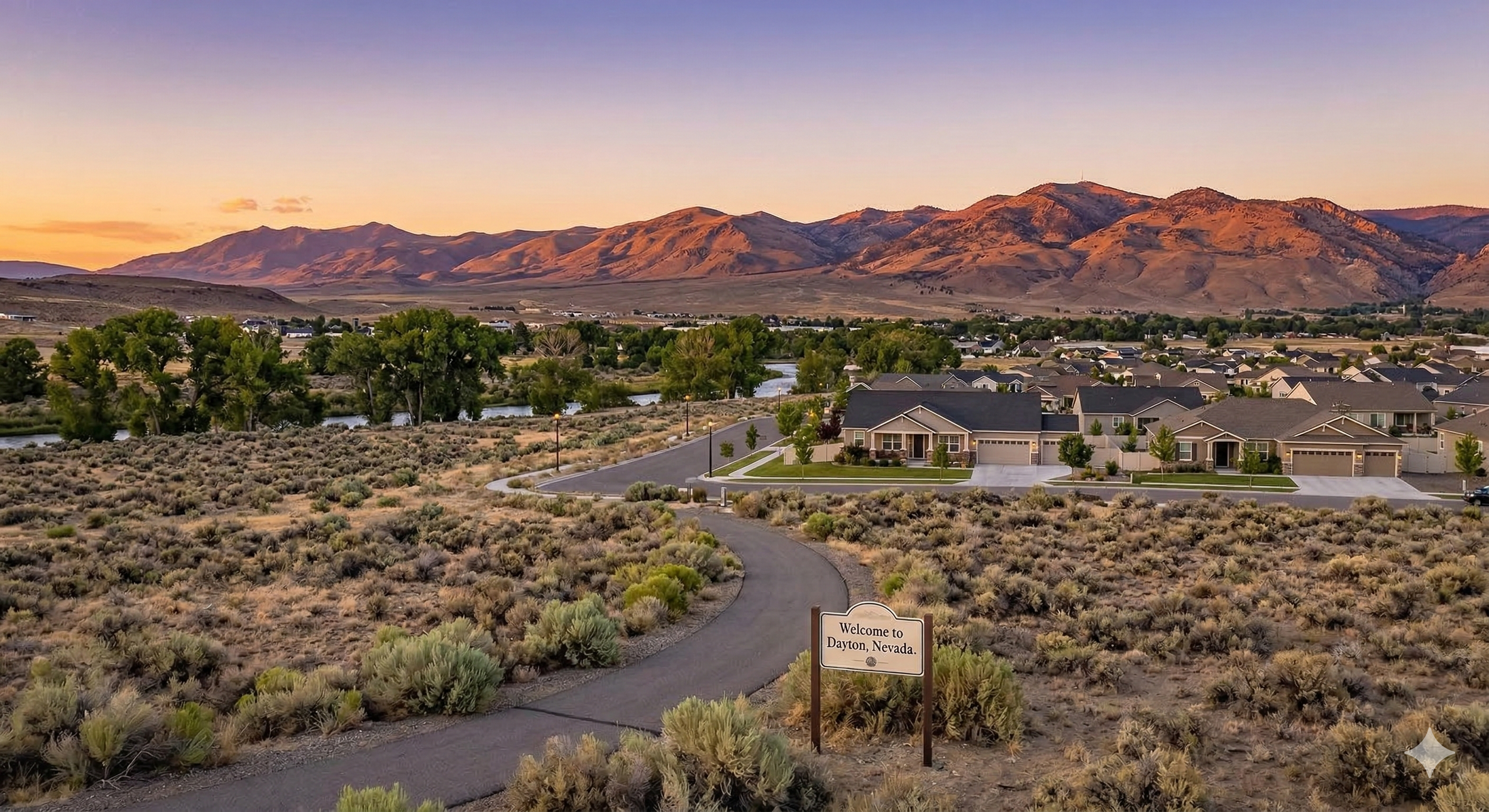 A scenic panorama of Dayton, Nevada, at sunset, showing modern homes and a paved trail in the foreground, transitioning into the historic Comstock Lode mountains under a warm sky.