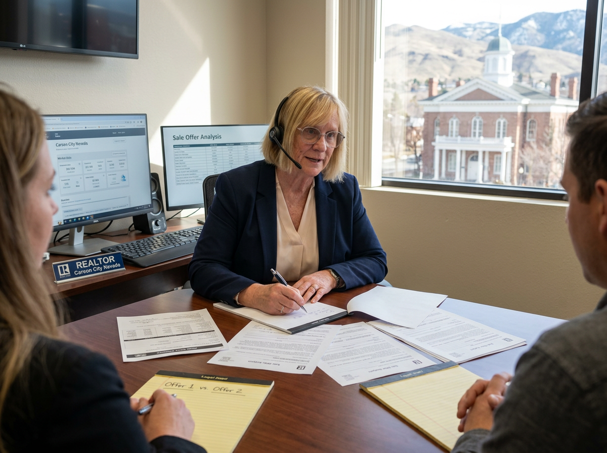 Real estate agent reviewing home sale offers and negotiating terms for sellers in Carson City Nevada
