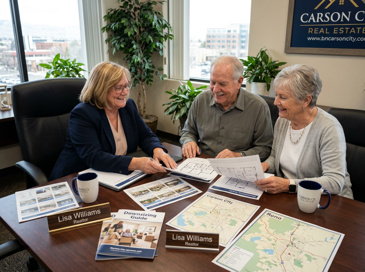 Senior couple sitting down with Carson City real estate agent Lisa Williams to discuss downsizing and relocation options