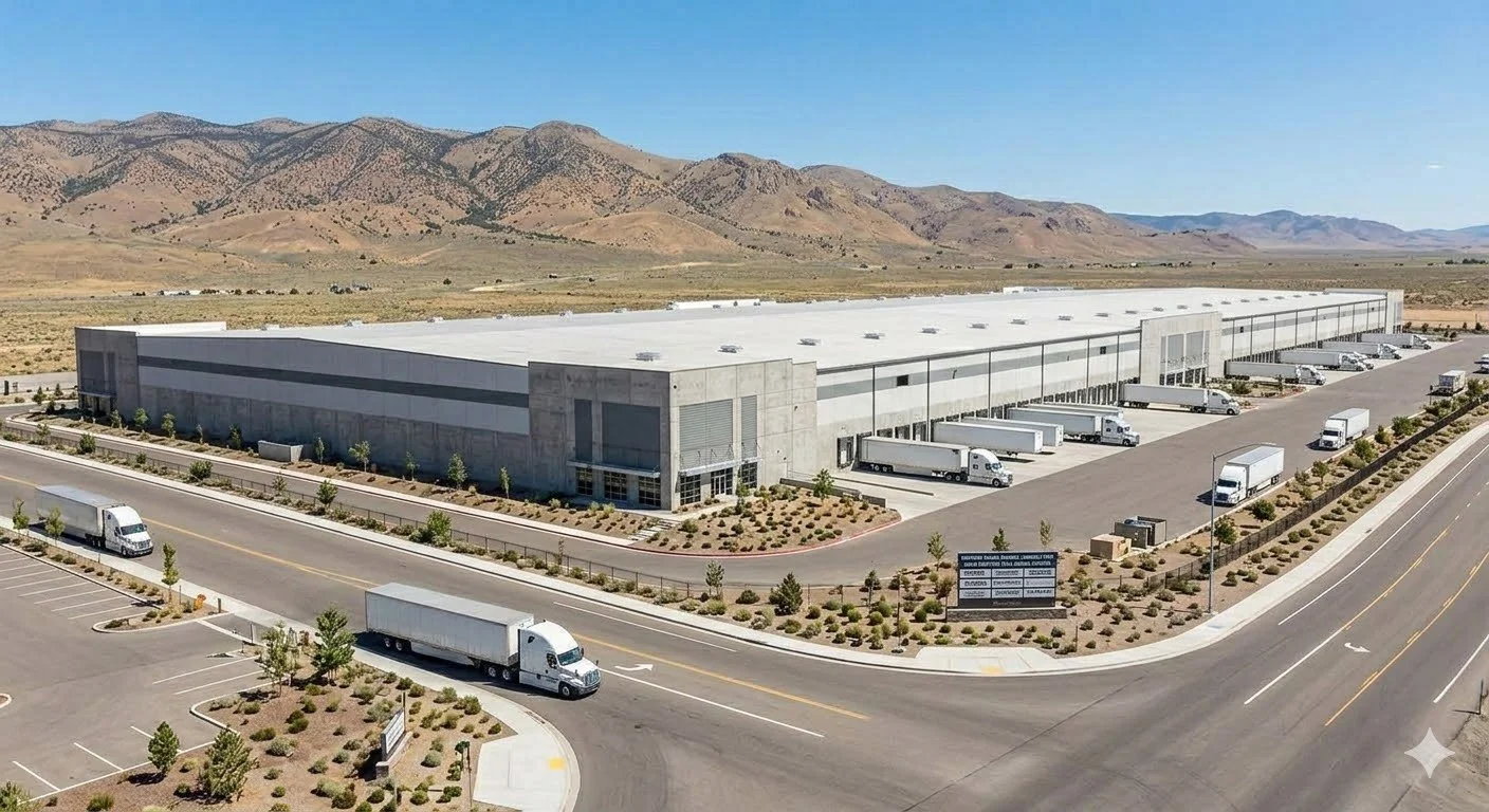 A distant daytime photograph of a massive modern logistics warehouse facility in Northern Nevada, referencing major regional employers like Tesla and Amazon, with the vast desert valley and mountains in the background.