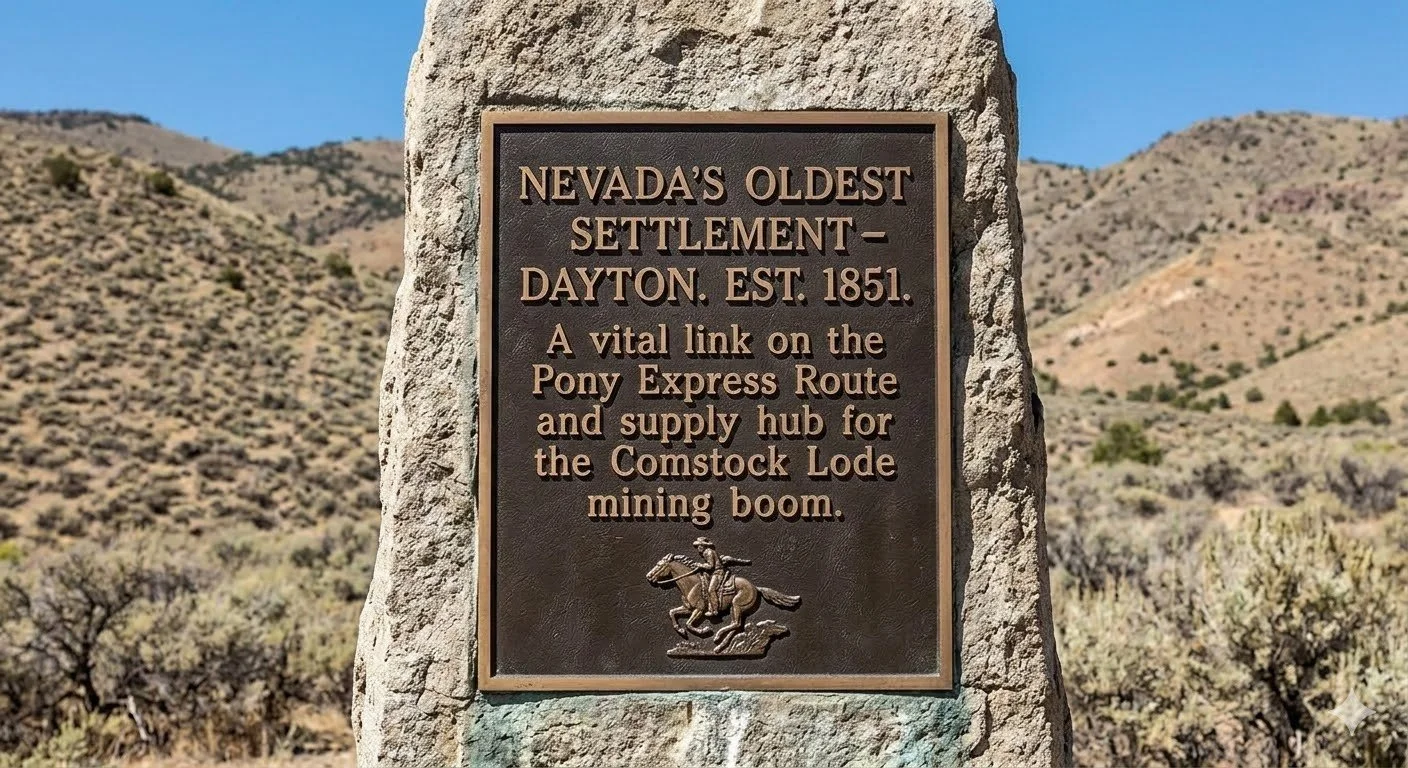: A close-up photograph of a weathered bronze plaque attached to a stone monument, identifying Dayton, Nevada, as 'Nevada's Oldest Settlement' and a stop on the Pony Express route, with arid desert hills in the background.