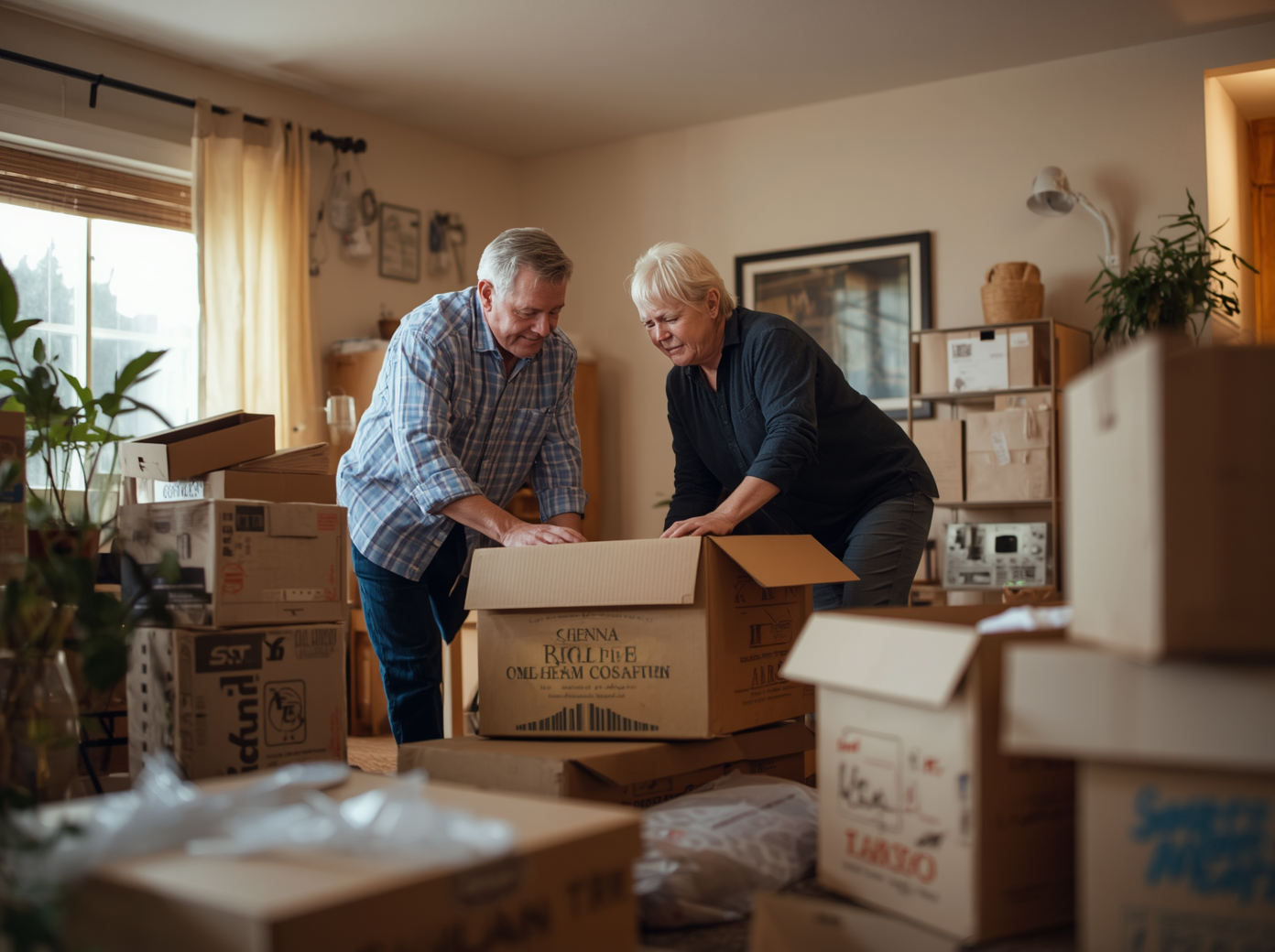 Senior couple packing and downsizing belongings before selling their home in Carson City Nevada