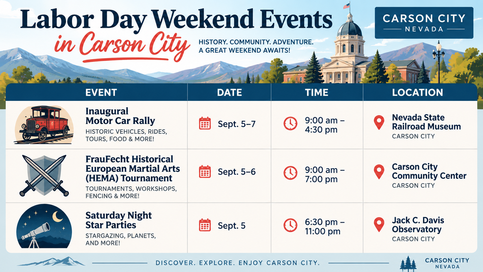 a table of events on Labor Day in Carson City