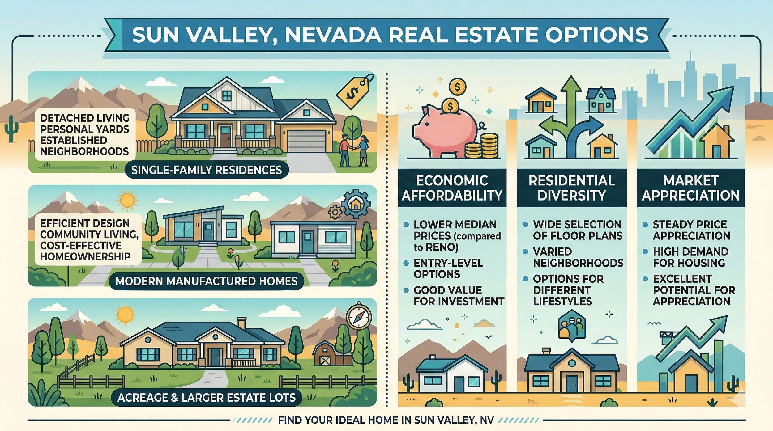illustrated infographic showing Sun Valley Nevada real estate options. Include different home types like single-family homes, manufactured homes, and larger lot properties. Add icons for ‘affordable,’ ‘variety,’ and ‘growing market