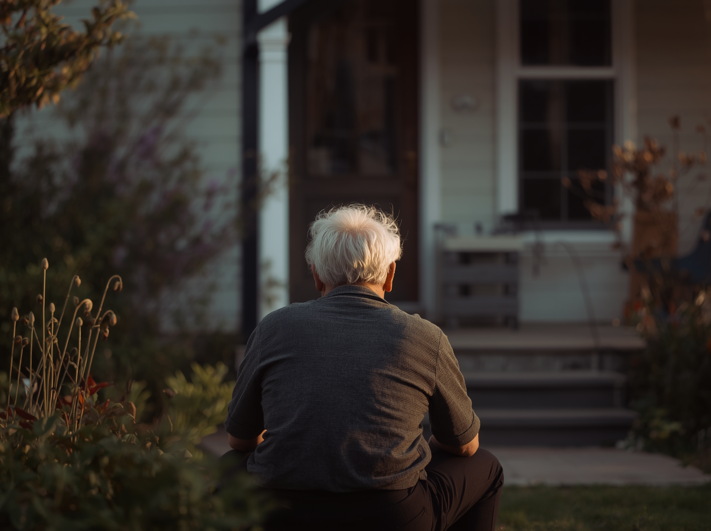 A senior in front of his home, deciding  if it's time for him to sell