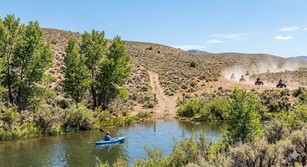 A bright daylight scene focusing on outdoor activities near Dayton, Nevada, featuring a person kayaking on the Carson River while ATVs ride on trails in the desert hills background.