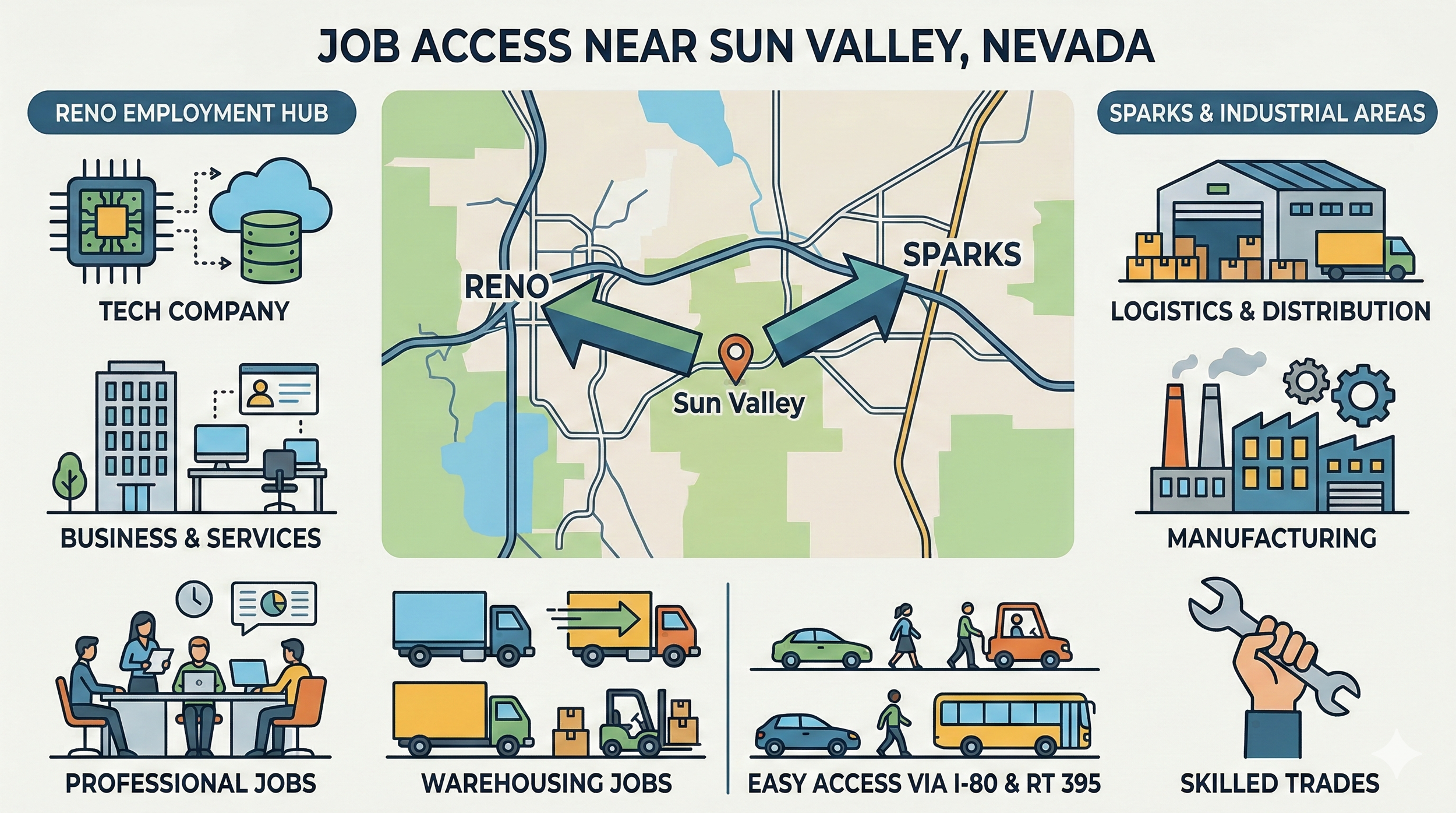 illustrated infographic showing job access near Sun Valley, Nevada. Include icons representing major employers like tech, logistics, and warehouses. Show directional arrows toward Reno and Sparks.