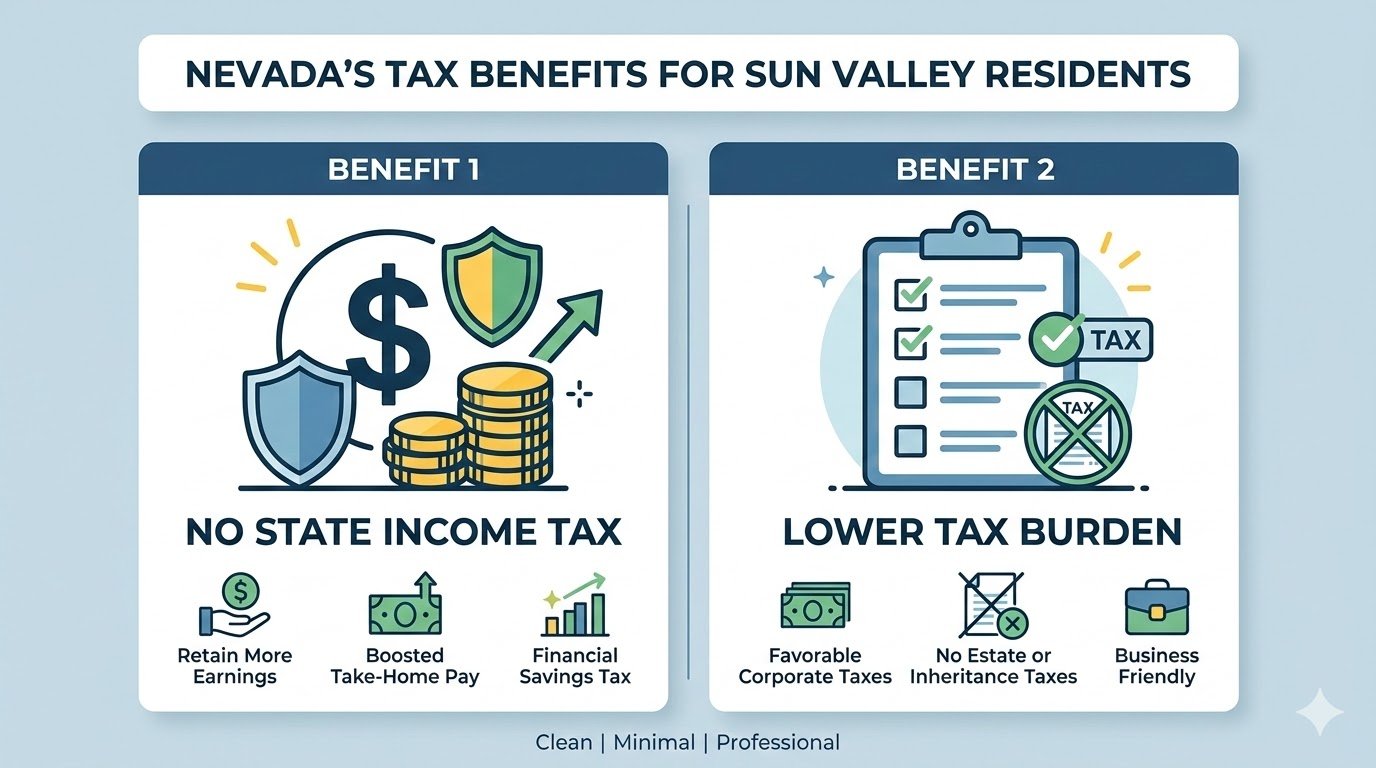 infographic illustrating Nevada’s tax benefits for Sun Valley residents. Include icons like a dollar sign, checklist, and tax-free symbol. Add simple text labels: ‘No State Income Tax,’ ‘Lower Tax Burden.’