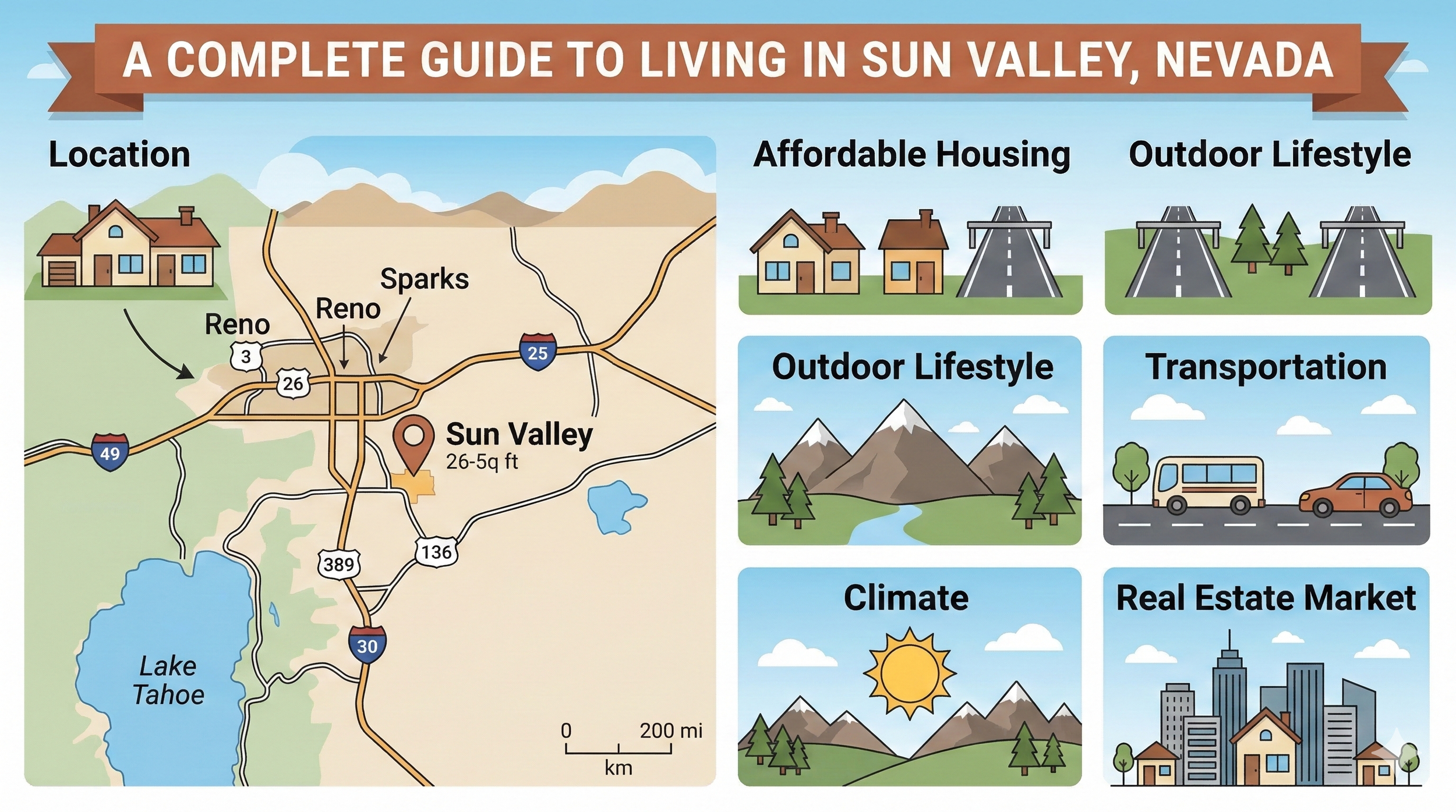 infographic serves as the complete visual guide, organizing all requested sections—from a stylized location map to climate and real estate—into one clean, modern layout using soft earth tones and blue skies.