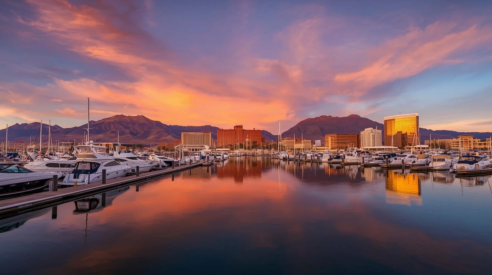 Downtown Sparks Nevada with marina and mountains