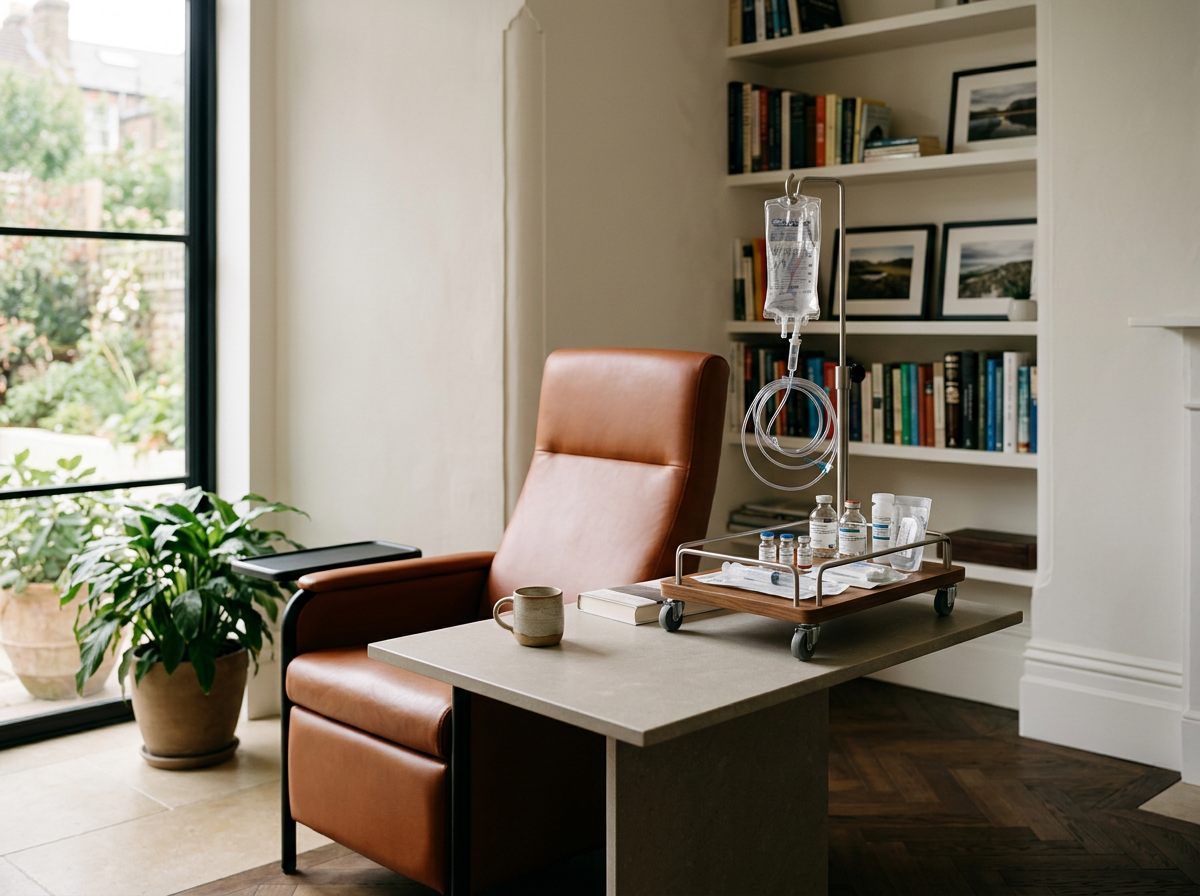 Een artsenstoel met een infuusstandaard, een koffiemok, en een boekenplank met boeken en foto's op de achtergrond in een interieur met grote raam en planten.