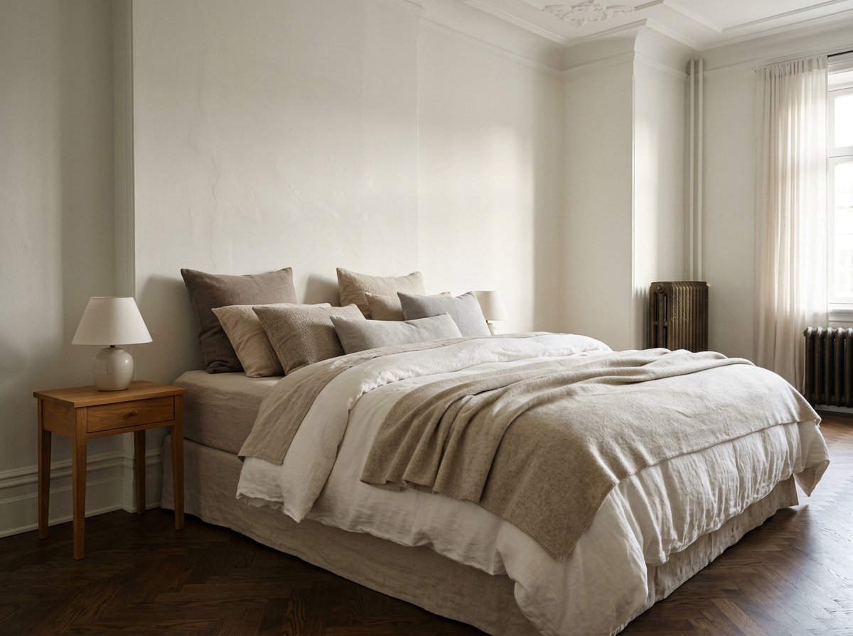 Een slaapkamer met een groot bed bedekt met witte en beige lakens, meerdere kussens en twee tafellampen op nachtkastjes aan weerszijden, grote ramen met lichte gordijnen, houten vloer, serre radiator en witte muur.