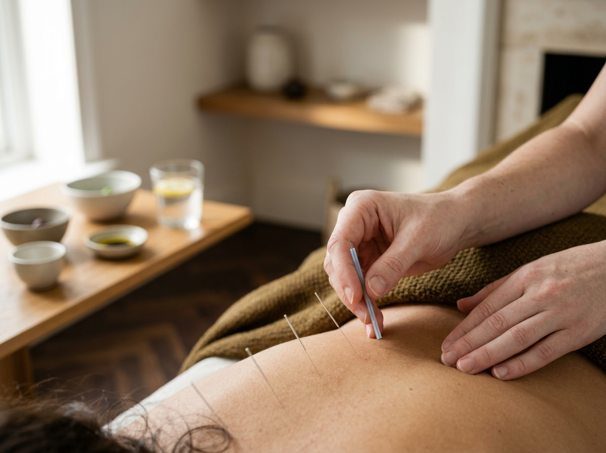 Een acupuncturist plaatst naalden op de rug van een patiënt in een kliniek.