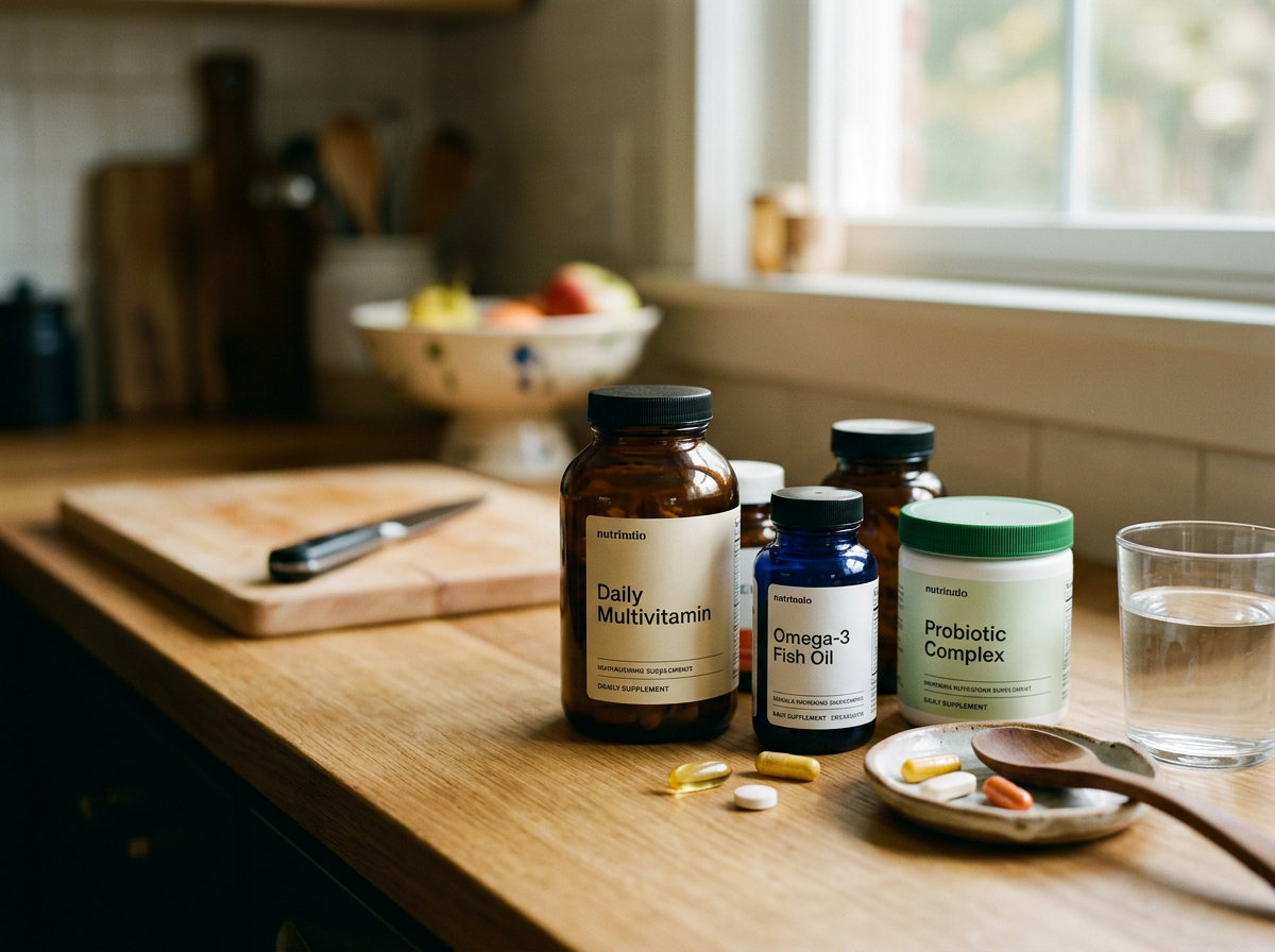 Gezonde supplementen en tabletten op een houten keuken tafel, naast een glas water en een spatel, met een kom met fruit op de achtergrond.