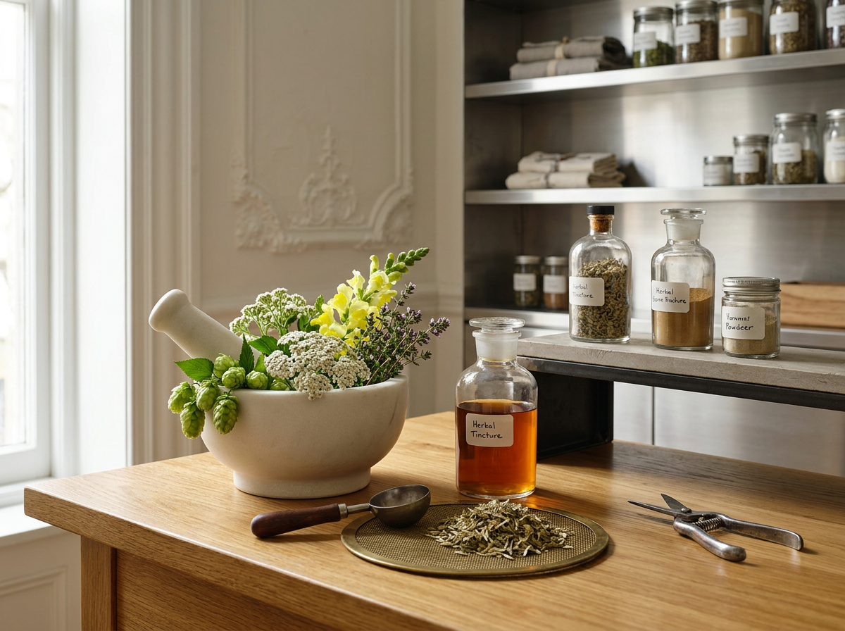 Keuken met botanische ingrediënten en kruiden in glazen potten en flesjes, een bloemstuk, en kruiden op een houten werkblad.