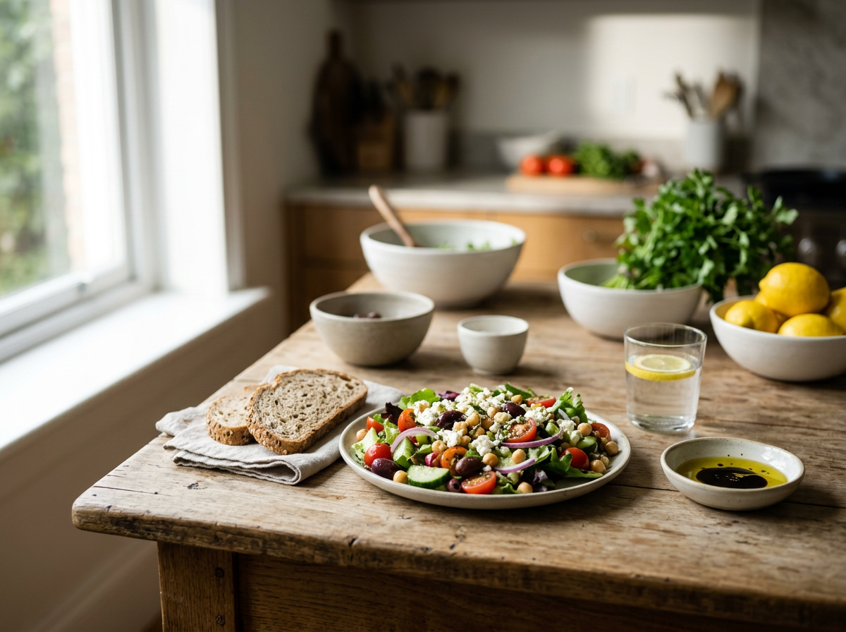 Een rustieke keuken met een houten tafel waarop een salade met tomaten, komkommers, olijven, feta en ui staat, samen met twee sneetjes brood, een glas water met citroen, een klein schaaltje met balsamico azijn en olijfolie, en verschillende kommen met groenten en fruit op de achtergrond.