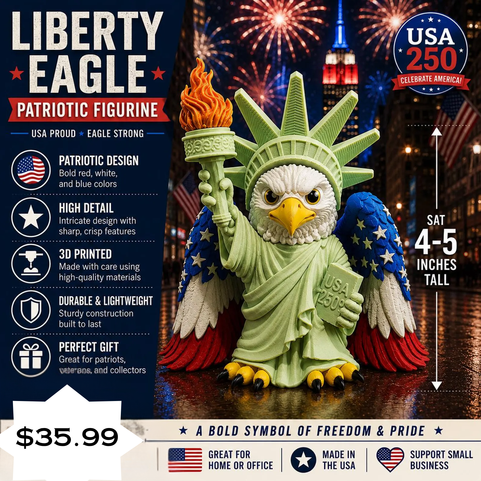 3D Printed Liberty Eagle Celebrate 250 Years of America Commemorative Home Decor Figurine
