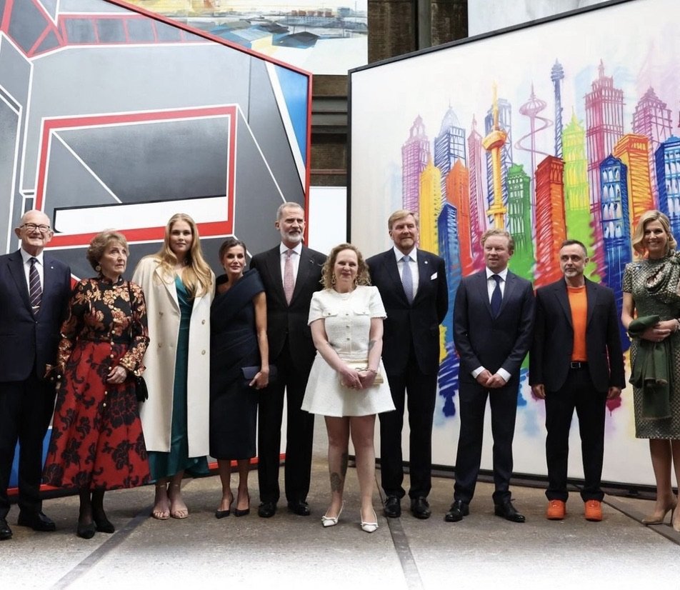 Mick La Rock with their majesties King Félipe and Queen Letizia of Spain, King Willem Alexander and Queen Máxima of The Netherlands, Crown Princess Amalia of The Netherlands, Princess Irene and Mr. Pieter van Vollenhoven, curators Suso 33 and David d