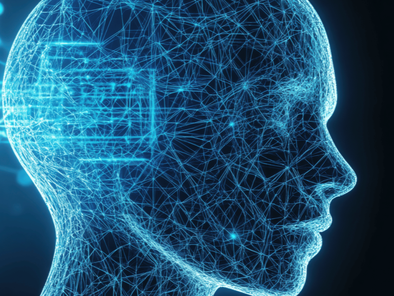 Digitalt bilde av en menneskelig hodesilhuett laget av lyse blå linjer og nettverksmønster, som symboliserer kunstig intelligens eller hjerneforskning.