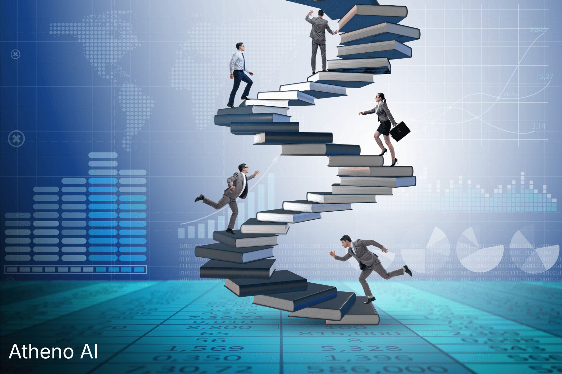 Bilde av mennesker i dresser somapper seg opp en stige av bøker, symboliserer vekst og utdanning, med en digital bakgrunn med grafer og tall.