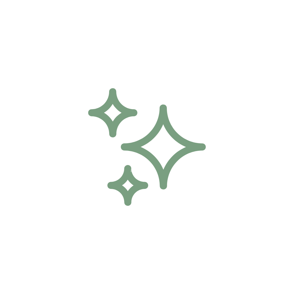 Sparkling stars icon with three star shapes in green on black background.