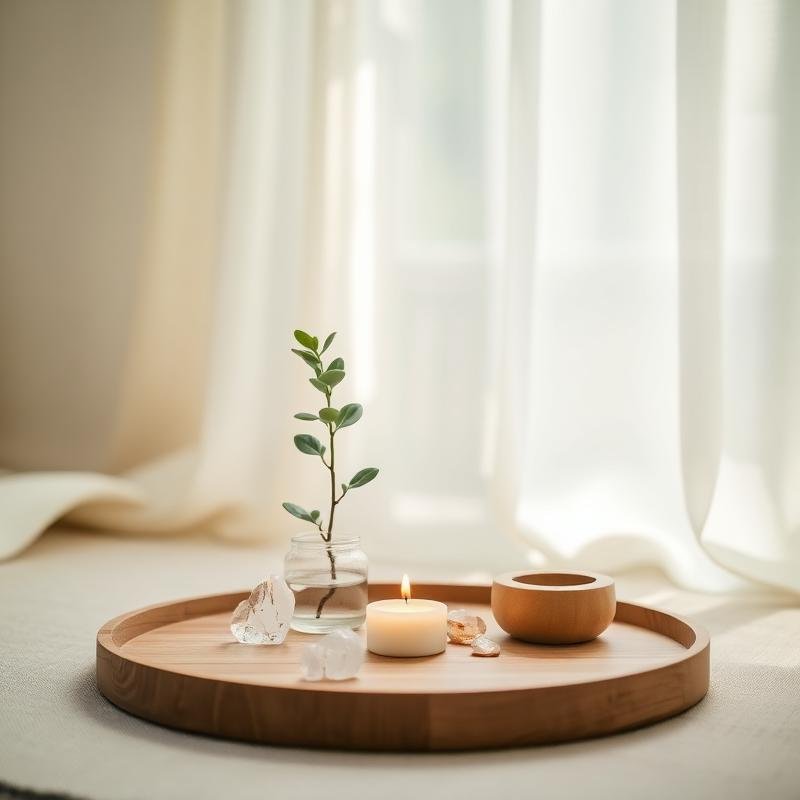 Minimalist centerpiece on a round wooden tray with a small plant in a glass jar, a lit tealight candle, and ceramic containers, set near sheer curtains.