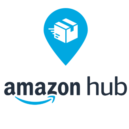 Logotipo de Amazon Hub con icono de caja en un marcador de ubicación de color azul.