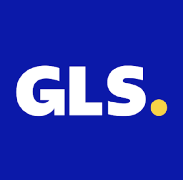 Logotipo azul con letras blancas 'GLS' y un punto amarillo.