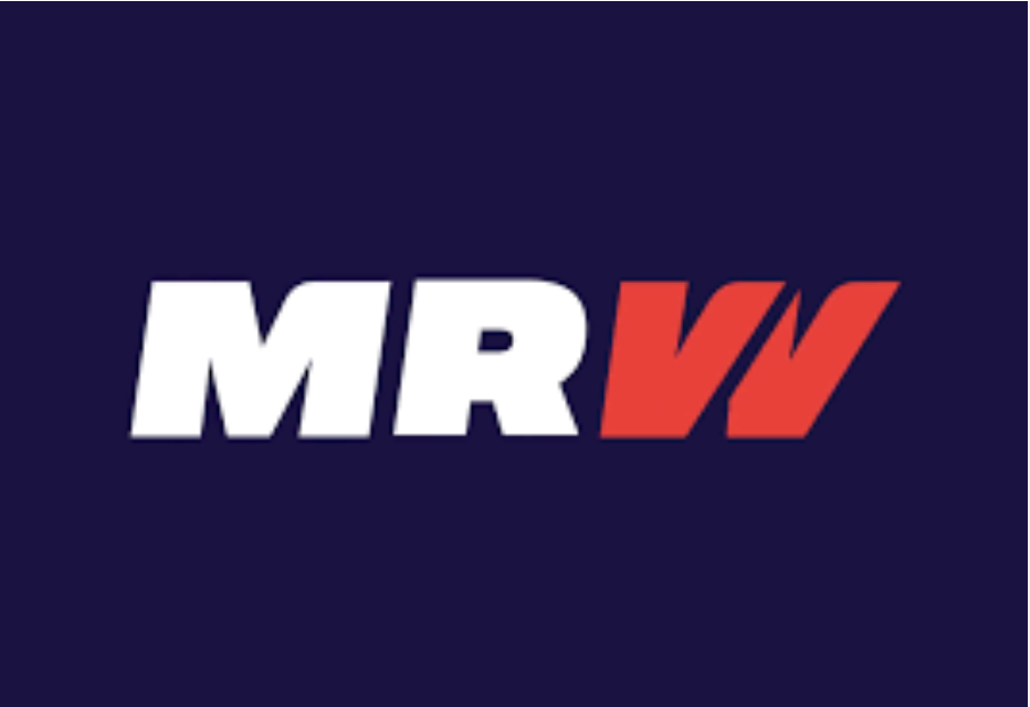 Logotipo con letras blancas y rojas sobre fondo azul oscuro que dice 'MRW'.