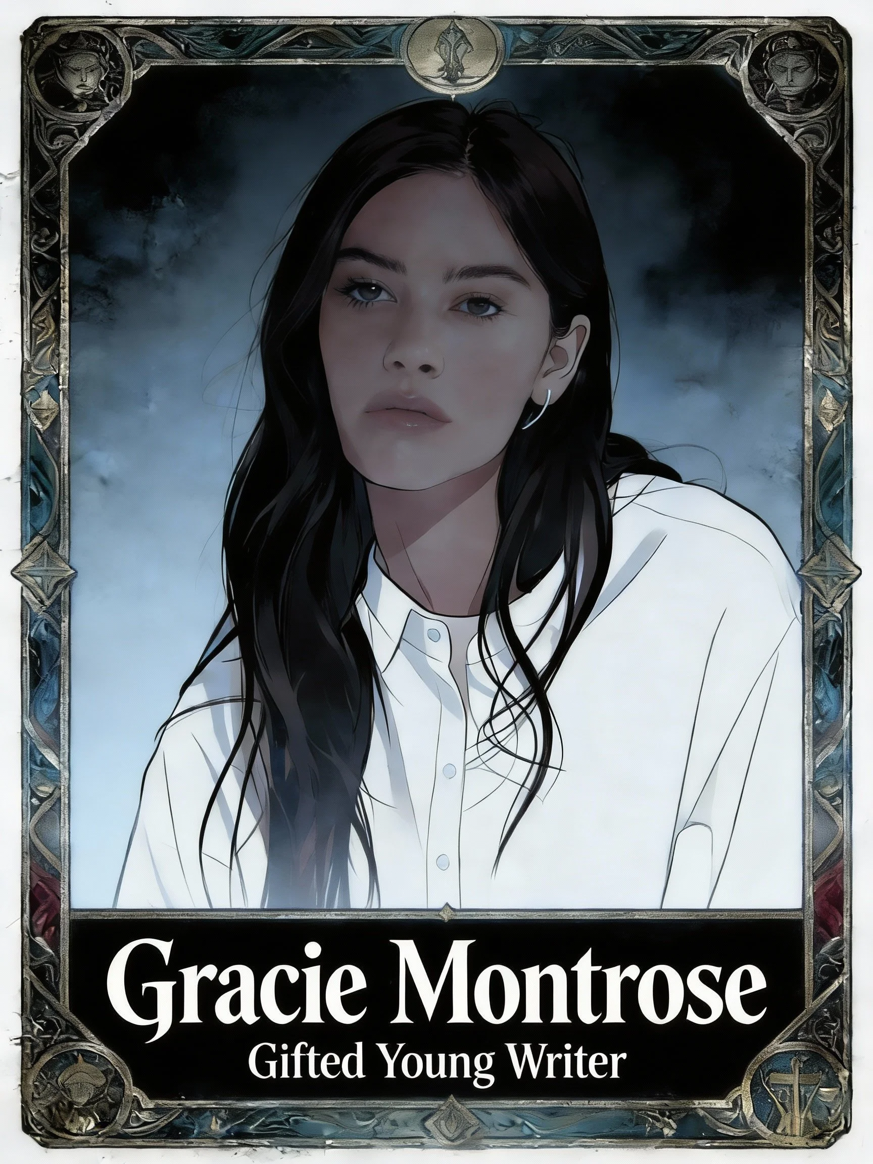 keep image the same. In tarrot style writing at bottom include words_ 'Gracie Mo.jpeg