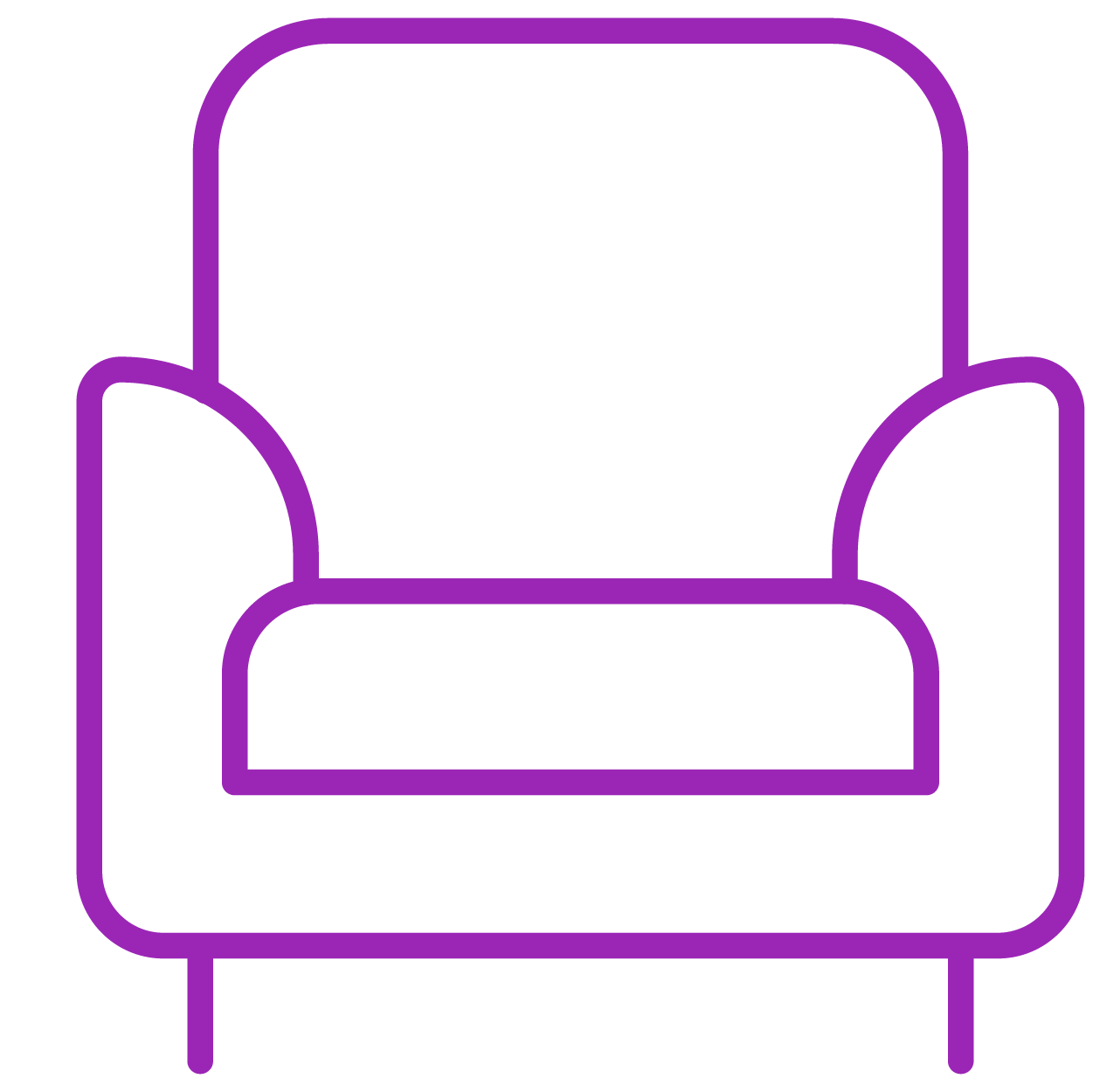 Outline of a purple armchair with rounded edges and a cushioned seat, depicted in a minimalist line art style.