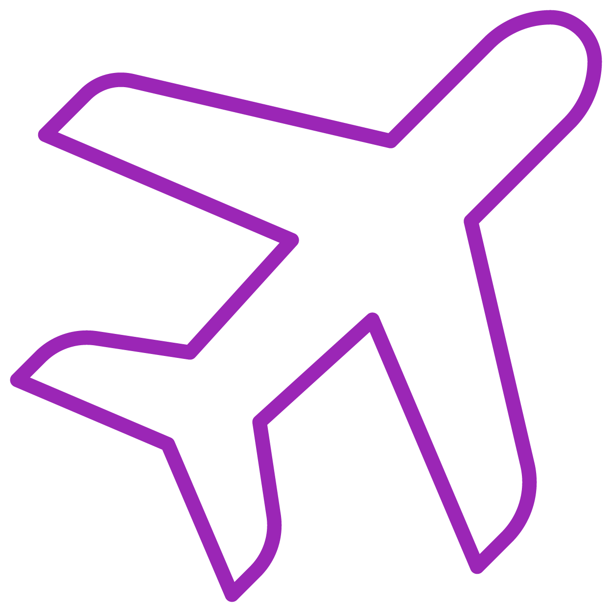 Neon purple outline of an airplane icon on a black background.
