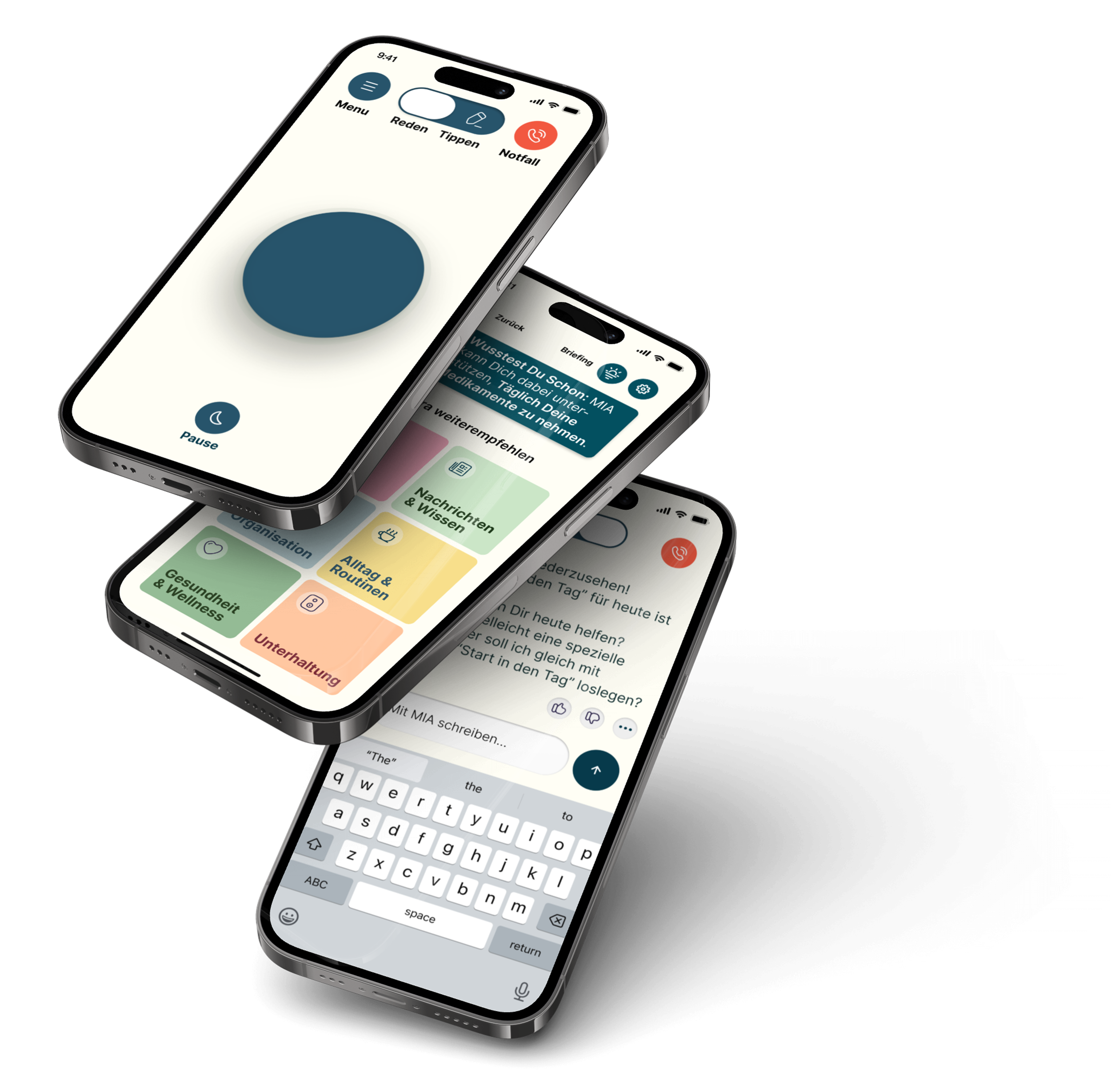 Drei Smartphones, die eine Gesundheits- oder Wellness-App anzeigen, mit Menüs und Chat-Fenstern auf Deutsch