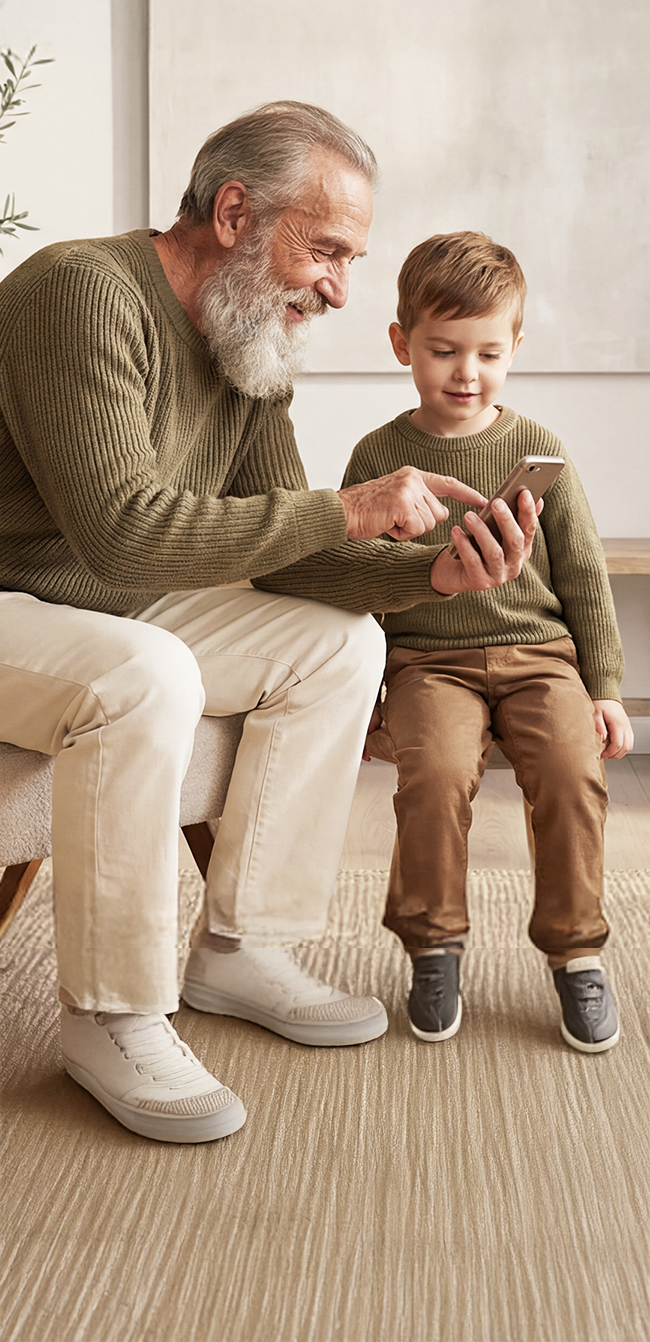Ein älterer Mann und ein junger Junge sitzen auf einem Sofa, schauen auf ein Smartphone und lachen.