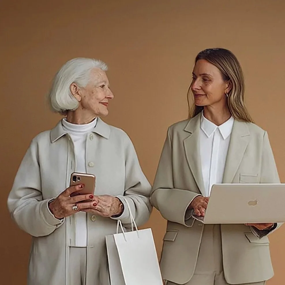 Zwei Frauen im Gespräch, eine ältere Frau mit weißem Haar hält ein Smartphone, die jüngere Frau mit braunem Haar hat einen Laptop, beide tragen beige Anzüge, im Hintergrund eine einfarbige braune Wand.