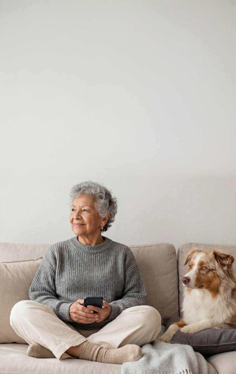 Eine ältere Frau sitzt entspannt auf einem Sofa, hält ein Smartphone in den Händen und schaut nach rechts, während neben ihr ein Hund liegt.