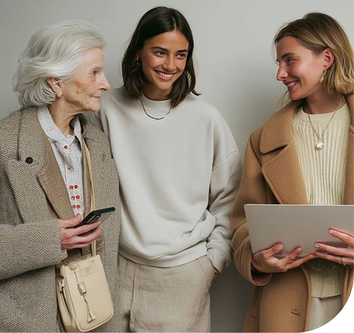 Drei Frauen unterschiedlichen Alters stehen beisammen und unterhalten sich. Die ältere Frau nutzt ein Smartphone mit der Amara™ App, eine jüngere Frau hält einen Laptop. Die Szene zeigt generationsübergreifenden Austausch mit digitaler Unterstützung.