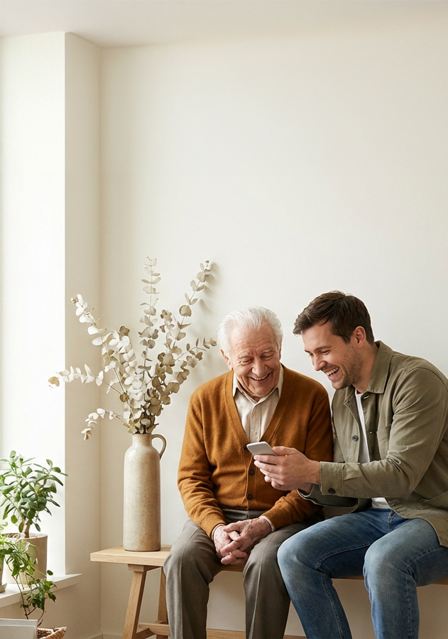 Ein älterer Mann und ein junger Mann sitzen auf einer Bank im Wohnzimmer und lachen beim Betrachten eines Handys.