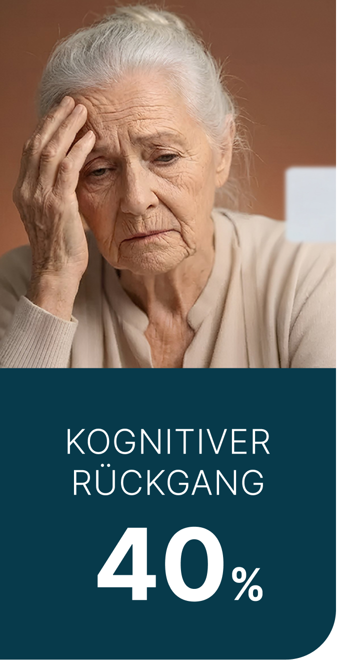 Ein älterer Frau mit grauen Haaren, die die Hand an die Stirn legt und einen Ausdruck von Sorge oder Stress zeigt. Hintergrund in warmen Farbtönen.