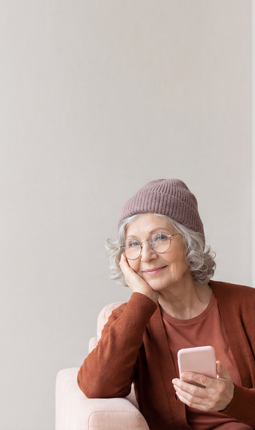 Ältere Frau mit Brille, Mütze und braunem Pullover liest oder scrollt auf ihrem Smartphone, sitzt auf einem weißen Stuhl, vor einer hellen Wand.