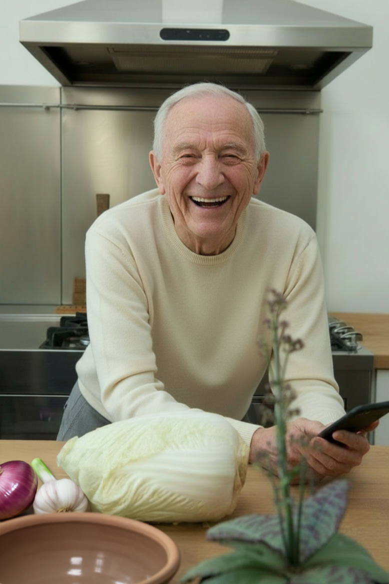 Ein älterer Mann lacht in einer modernen Küche und hält ein Smartphone in der Hand, umgeben von Gemüse und einer Pflanze auf dem Tisch.