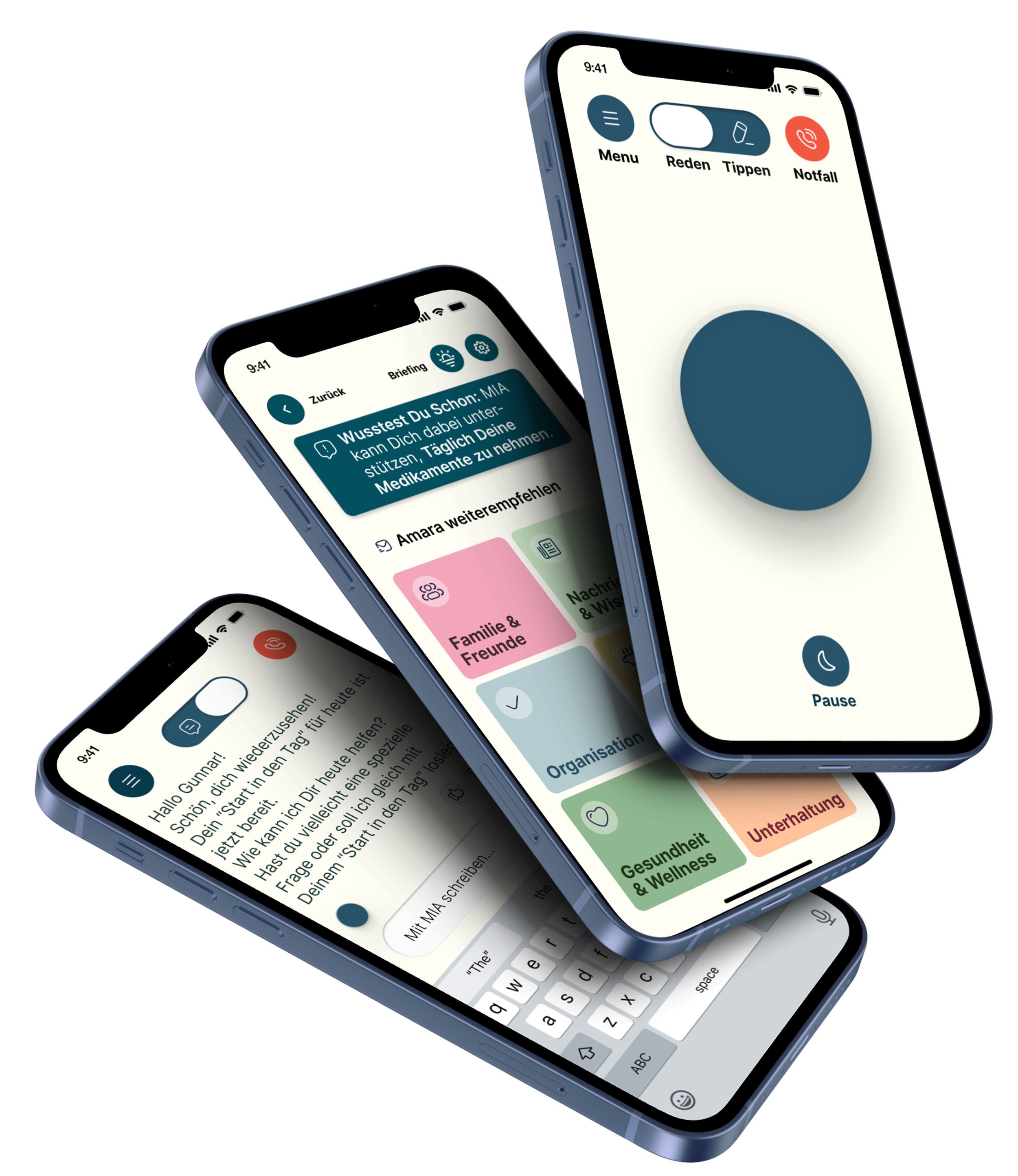 Drei Smartphones mit der geöffneten Amara™ App. Auf dem Bildschirm sind farbcodierte Kategorien zu Gesundheit und Wohlbefinden zu sehen, vor einem schlichten Hintergrund.