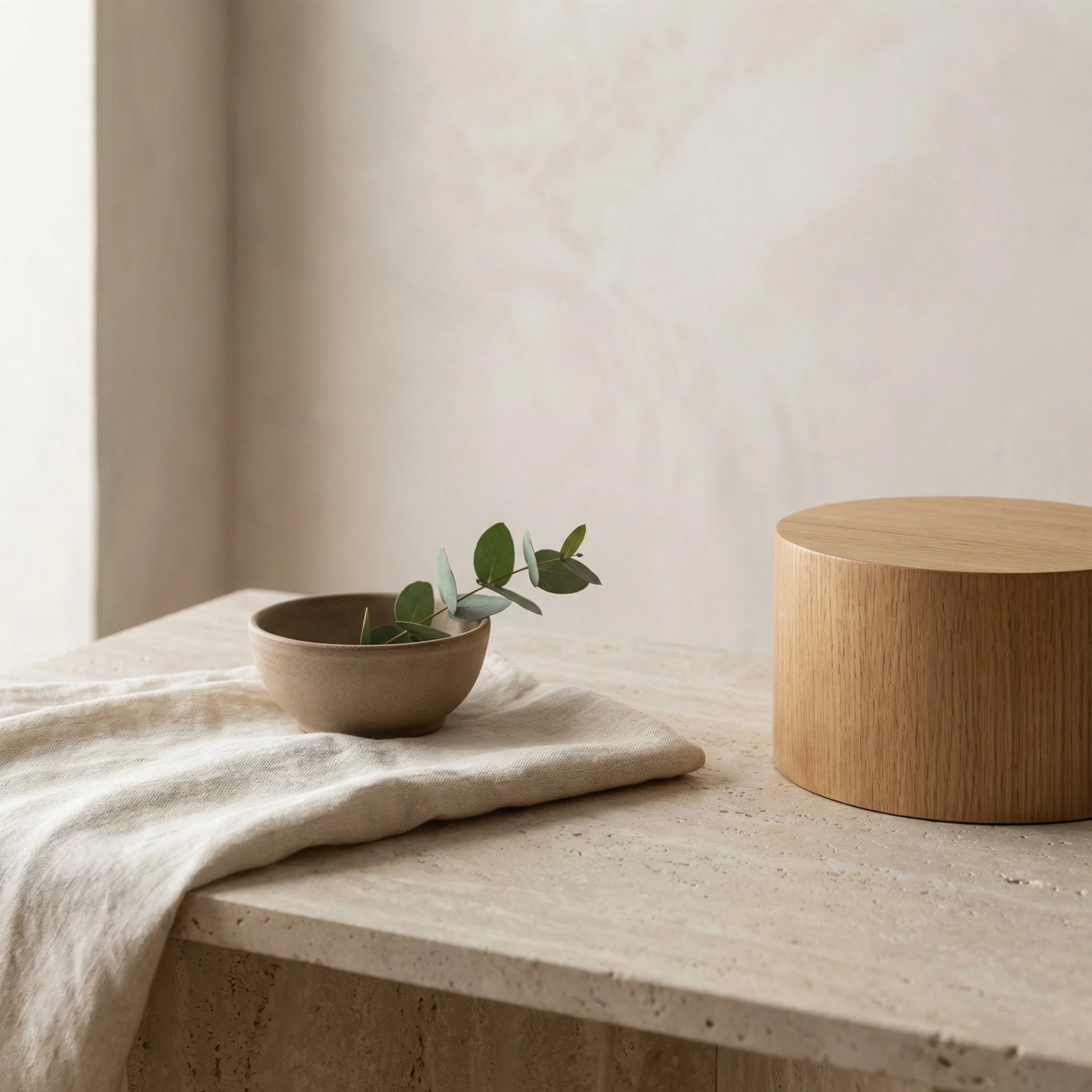 Minimalist scene with a small beige bowl containing eucalyptus leaves, a beige cloth, and a smooth round wooden block on a textured beige surface.